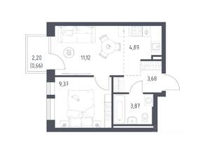 ЖК «Квартал Авиаторов», планировка 1-комнатной квартиры, 33.59 м²