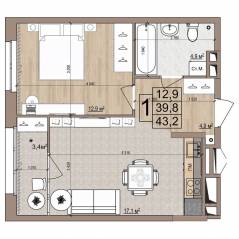 ЖК «Гранд Комфорт», планировка 1-комнатной квартиры, 43.20 м²