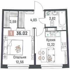 ЖК «Авиатор» (Девяткино), планировка 1-комнатной квартиры, 36.02 м²