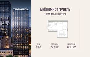 ЖК «Мнёвники от Гранель», планировка 1-комнатной квартиры, 34.51 м²