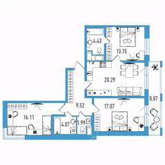 ЖК «Искра Сити», планировка 3-комнатной квартиры, 89.29 м²