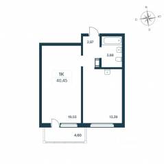 ЖК «Расцветай в Янино», планировка 1-комнатной квартиры, 40.80 м²
