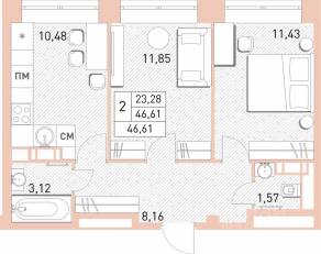 ЖК «Столичный», планировка 2-комнатной квартиры, 45.90 м²