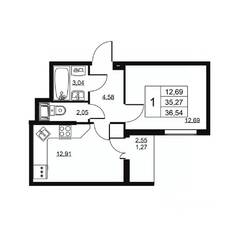 ЖК «Высота» (Бугры), планировка 1-комнатной квартиры, 36.54 м²