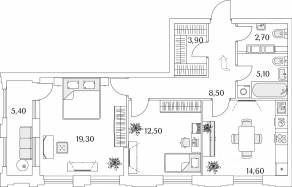 ЖК «Тайм Сквер», планировка 2-комнатной квартиры, 69.30 м²