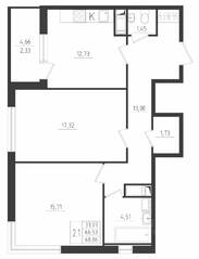 ЖК «Новикола», планировка 2-комнатной квартиры, 68.86 м²