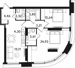 ЖК «Solos», планировка 2-комнатной квартиры, 74.43 м²