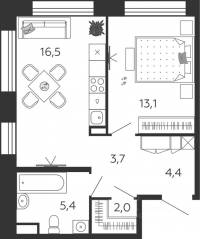 ЖК «Жилой квартал Shagal», планировка 1-комнатной квартиры, 45.10 м²