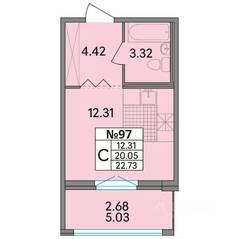 ЖК «Рождественский квартал», планировка студии, 22.73 м²