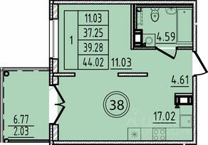 МЖК «Образцовый квартал 14», планировка 1-комнатной квартиры, 37.25 м²
