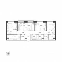 МФК «Voxhall», планировка 4-комнатной квартиры, 92.20 м²
