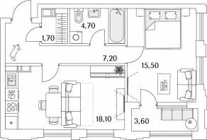 ЖК «Тайм Сквер», планировка 1-комнатной квартиры, 48.90 м²