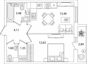 ЖК «Кинопарк», планировка 1-комнатной квартиры, 38.05 м²