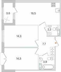 МЖК «Дубровский», планировка 2-комнатной квартиры, 63.60 м²