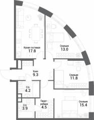 ЖК «Nagatino i-Land», планировка 3-комнатной квартиры, 79.90 м²