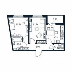 ЖК «Полис ЛАВрики», планировка 2-комнатной квартиры, 44.30 м²