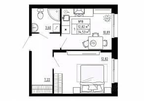 МЖК «Аннино Сити», планировка 1-комнатной квартиры, 34.53 м²
