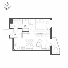 ЖК «Новоорловский», планировка 1-комнатной квартиры, 42.70 м²