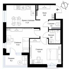 МЖК «Экография», планировка 2-комнатной квартиры, 49.20 м²