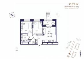 ЖК «Ranta Residence», планировка 2-комнатной квартиры, 53.78 м²