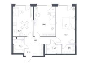 ЖК «Квартал на воде», планировка 2-комнатной квартиры, 77.19 м²