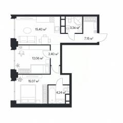 ЖК «1-й Нагатинский», планировка 2-комнатной квартиры, 59.68 м²