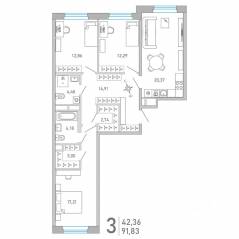 ЖК «Министр», планировка 3-комнатной квартиры, 91.89 м²