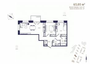 ЖК «Ranta Residence», планировка 2-комнатной квартиры, 63.05 м²