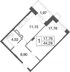 ЖК «Времена года», планировка 1-комнатной квартиры, 44.30 м²