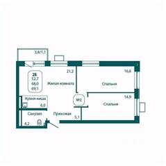 ЖК «Андреевка LIFE», планировка 2-комнатной квартиры, 69.10 м²