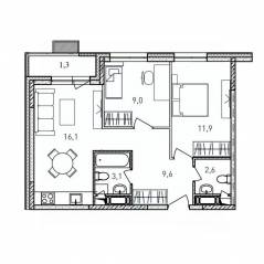ЖК «Квартал Светлый», планировка 2-комнатной квартиры, 53.60 м²