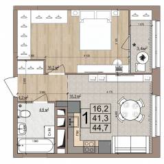 ЖК «Гранд Комфорт», планировка 1-комнатной квартиры, 44.70 м²