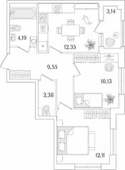 ЖК «Гранат», планировка 2-комнатной квартиры, 52.28 м²