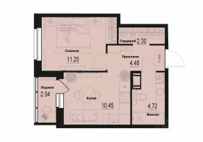 ЖК «ID Murino III», планировка 1-комнатной квартиры, 34.47 м²