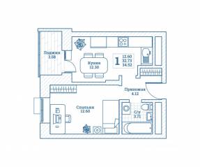 ЖК «Новоград Монино», планировка 1-комнатной квартиры, 34.70 м²
