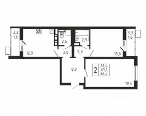 ЖК «Пироговская Ривьера», планировка 2-комнатной квартиры, 66.40 м²