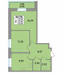 ЖК «Рождественский квартал», планировка 2-комнатной квартиры, 53.56 м²