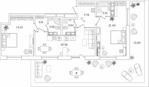 ЖК «БелАрт», планировка 2-комнатной квартиры, 100.27 м²