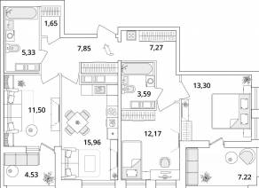 ЖК «Cube», планировка 3-комнатной квартиры, 84.70 м²
