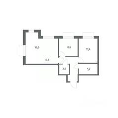 ЖК «Парусная 1», планировка 3-комнатной квартиры, 57.50 м²