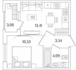ЖК «Гранат», планировка 1-комнатной квартиры, 33.11 м²