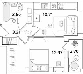 ЖК «Cube», планировка 1-комнатной квартиры, 32.30 м²