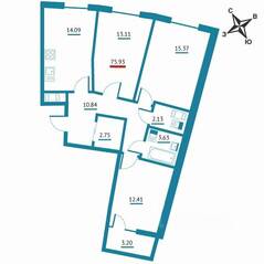 ЖК «Левитан», планировка 3-комнатной квартиры, 75.93 м²