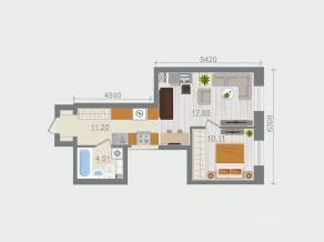 ЖК «Эко-квартал Гармония», планировка 1-комнатной квартиры, 43.67 м²
