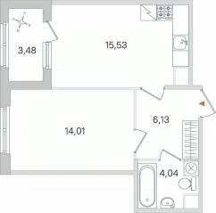 МЖК «Дубровский», планировка 1-комнатной квартиры, 41.45 м²