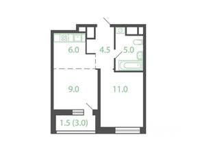 Квартал «Новые Котельники», планировка 2-комнатной квартиры, 36.90 м²
