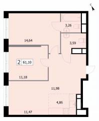 ЖК «Self», планировка 2-комнатной квартиры, 61.00 м²
