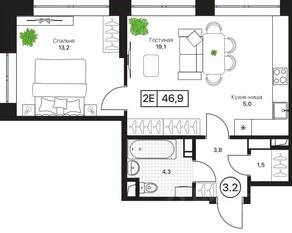 ЖК «Пушкино Град», планировка 1-комнатной квартиры, 46.90 м²