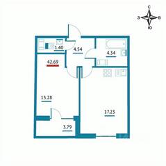 ЖК «Левитан», планировка 1-комнатной квартиры, 42.69 м²