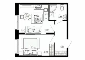 МЖК «Аннино Сити», планировка 1-комнатной квартиры, 34.22 м²